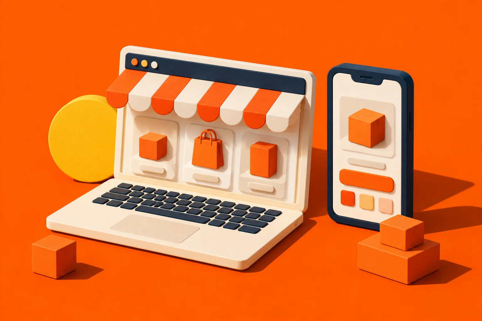 Illustration of an online storefront on a laptop and smartphone