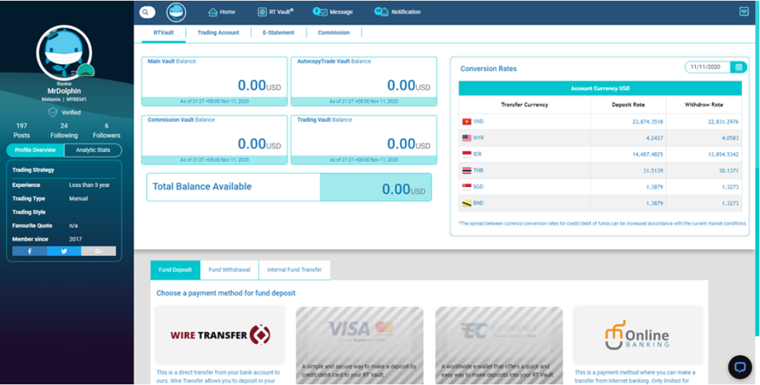 Realtrader Community dashboard showing wallet balances, currency conversion rates and deposit options